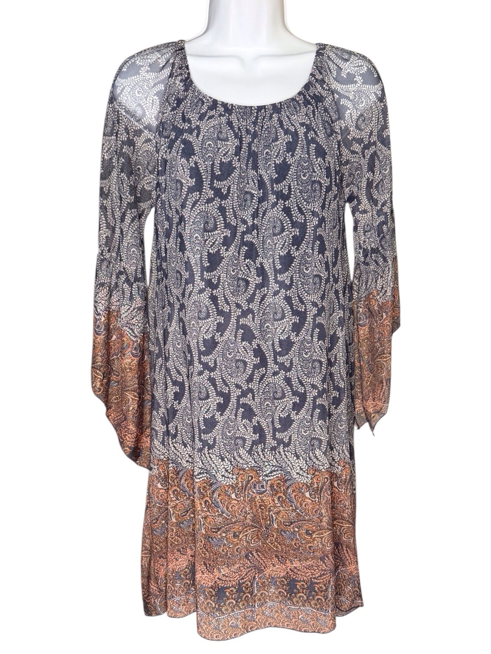 Love Ryan Los Angeles Paisley Shift Dress Small Blue Bell Sleeve Lined Boho
